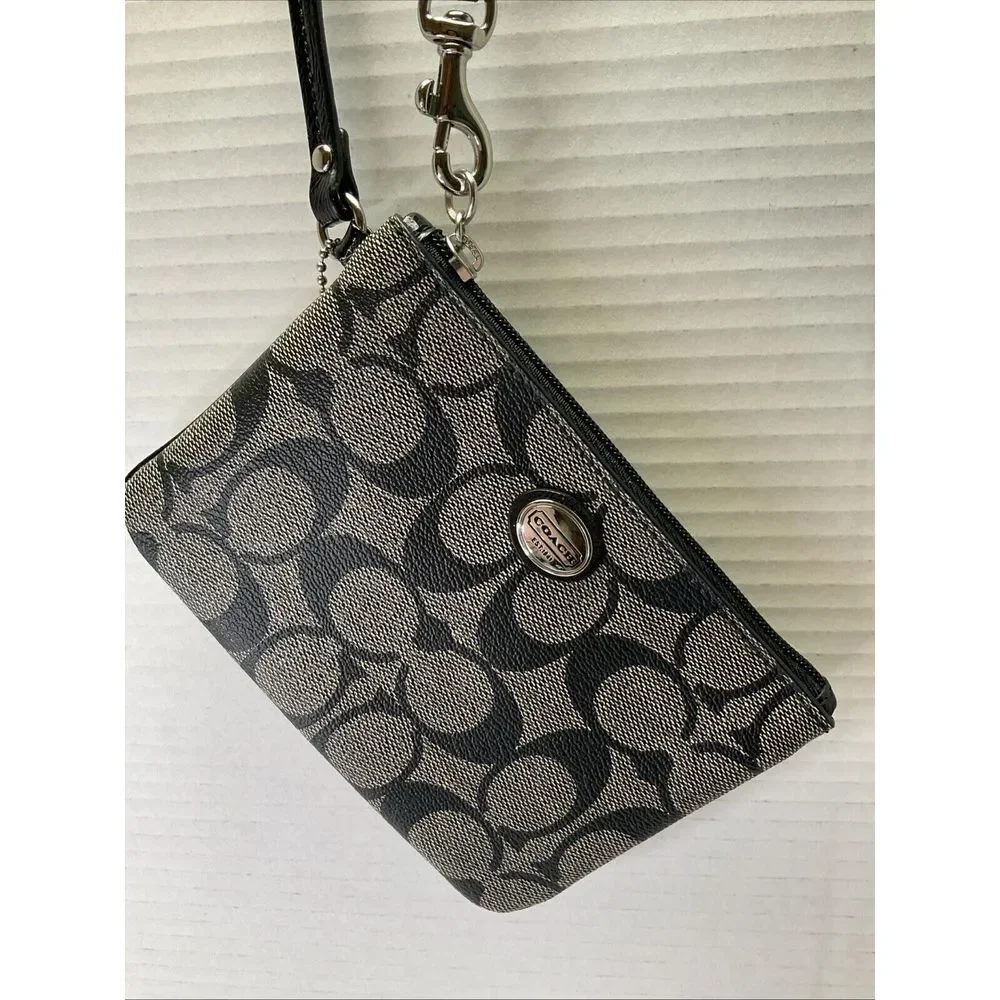 Coach Peyton Signature Small Wristlet Gray‎ and Black w/Strap